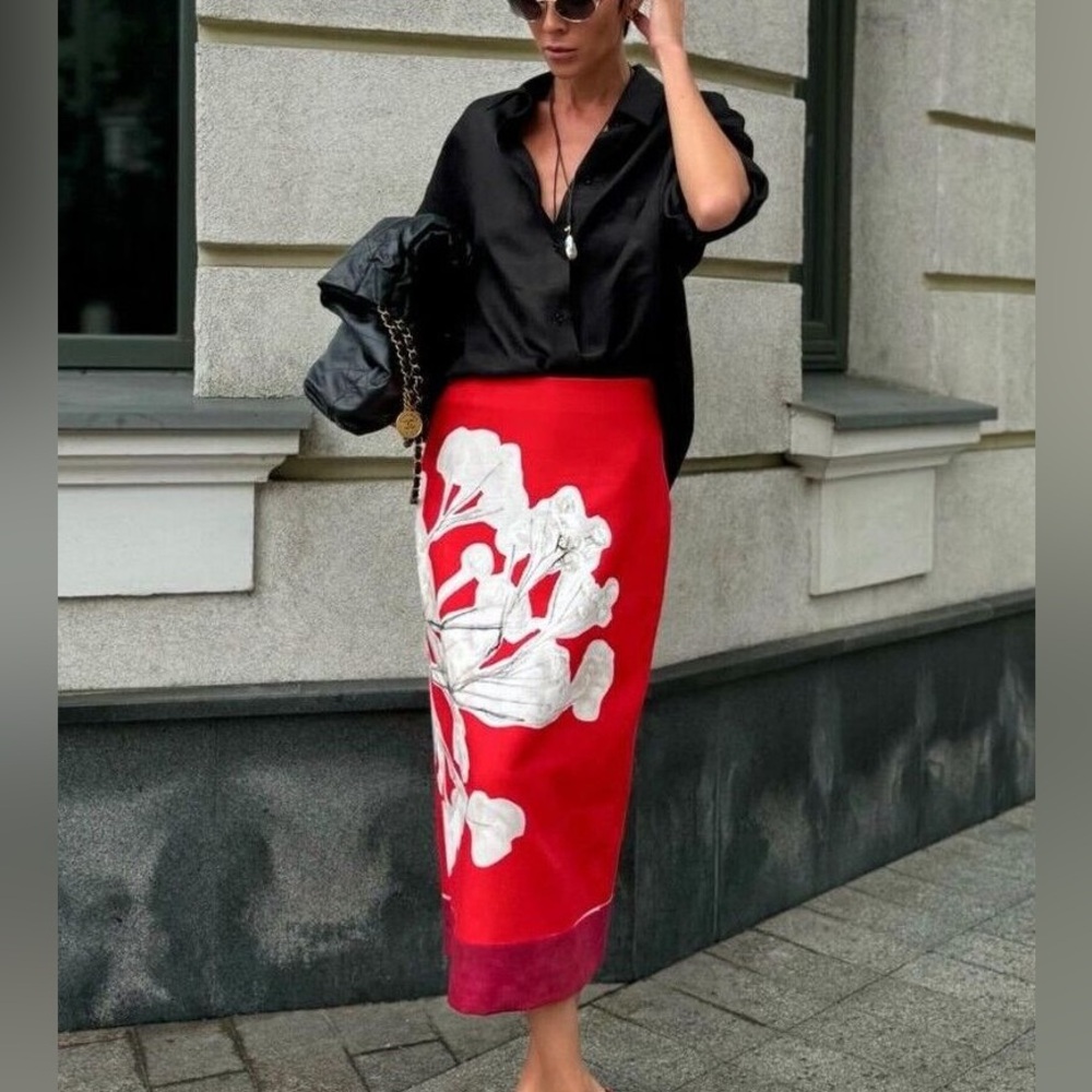 Zara ZW Collection Red Linen Blend Print Pencil Skirt